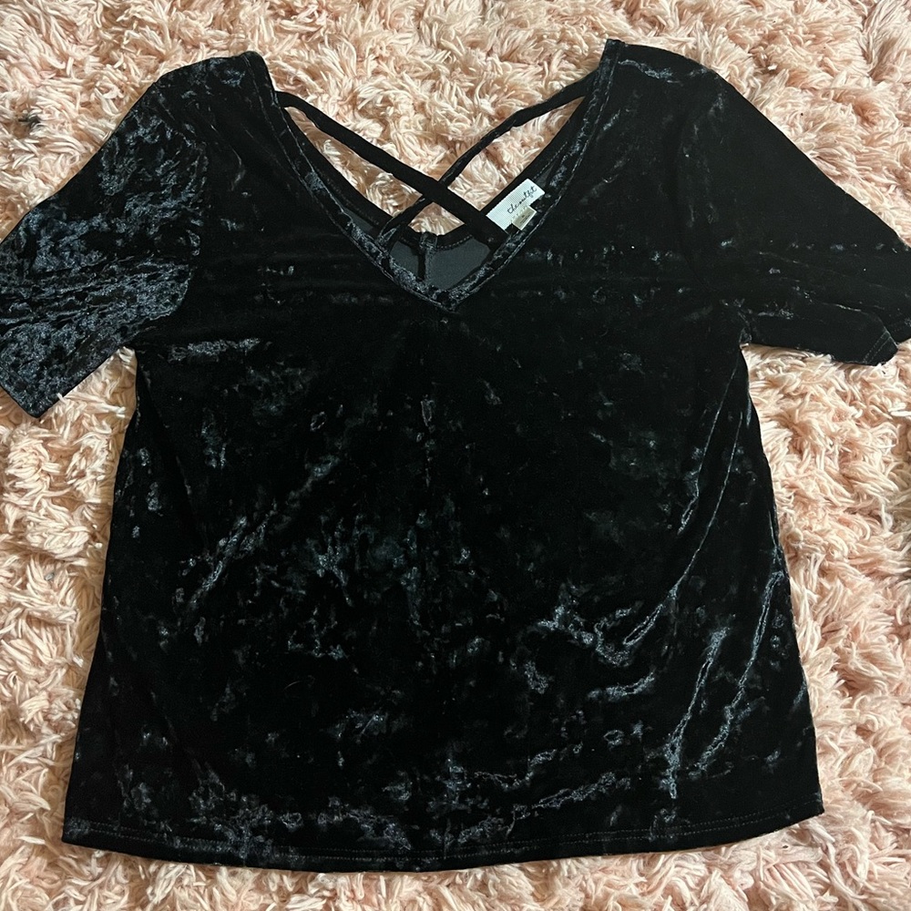 Black Velvet V-Neck Crossover, Well Fitting Shirt, slightly cropped